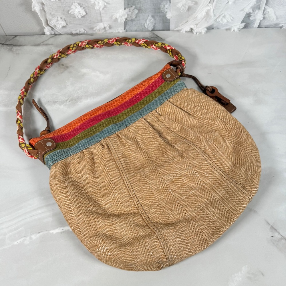 Fossil Y2K Woven Straw Handbag Purse Stripes Braided Handle Boho Hippie Charm